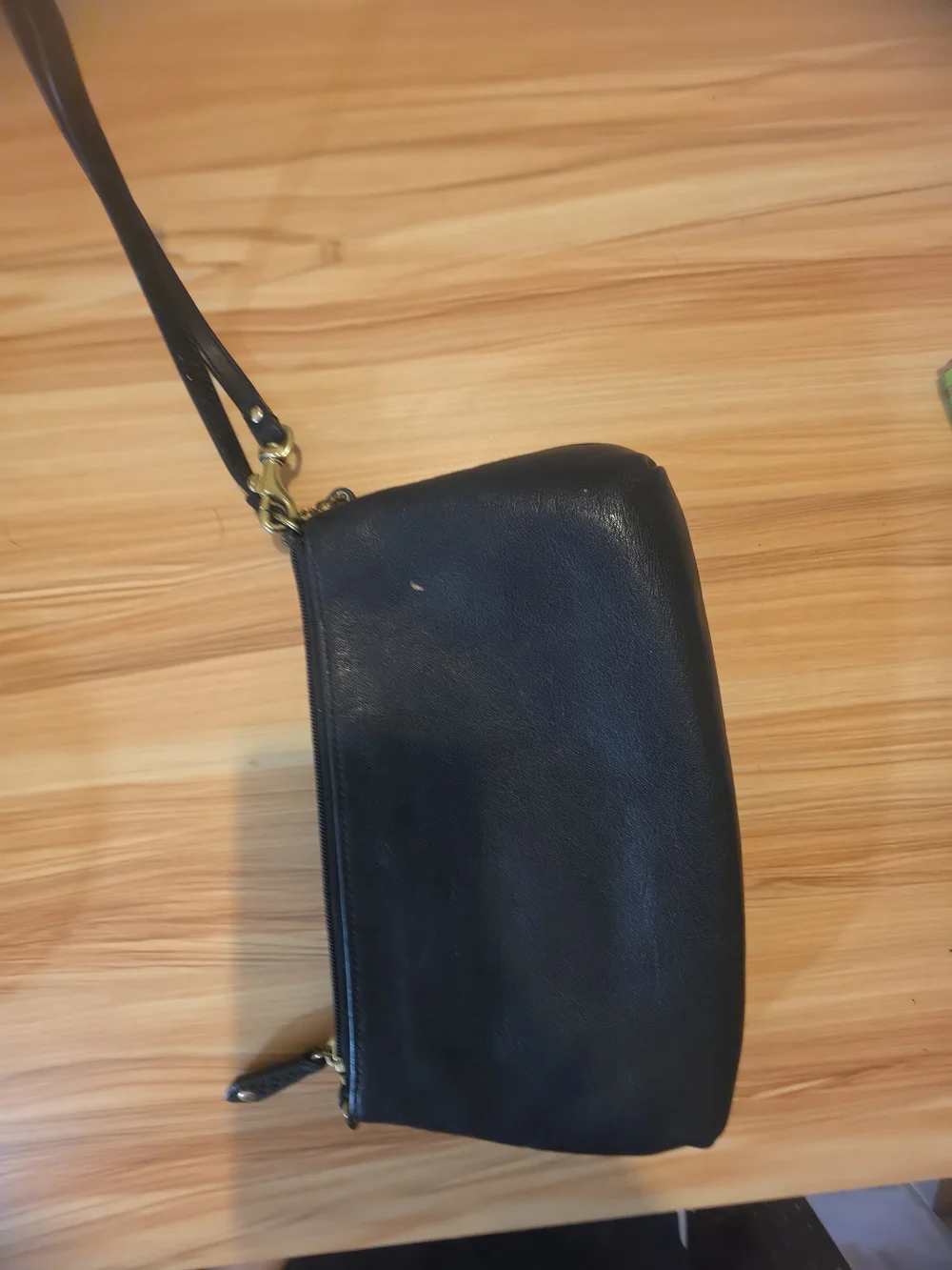 Coach Black Leather Wristlet with Gold Logo
